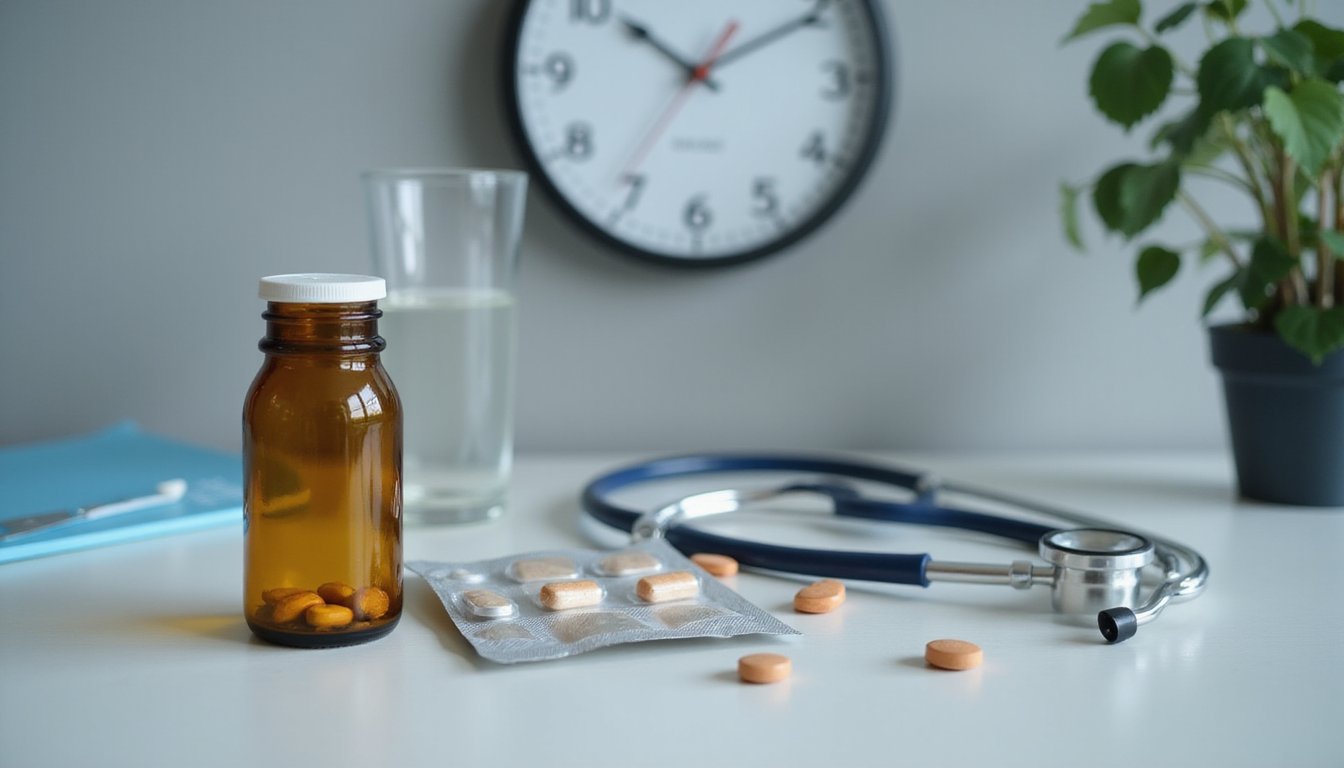 A realistic tabletop medical scene: an unlabeled Suboxone buccal film packet next to an amber pill bottle with pills inside and a few scattered neatly on the surface. A glass of water and a stethoscope are placed nearby, while a wall clock is softly blurred in the background to suggest the concept of half-life and time. The setup is clean, professional, and realistic with no glowing or symbolic effects.