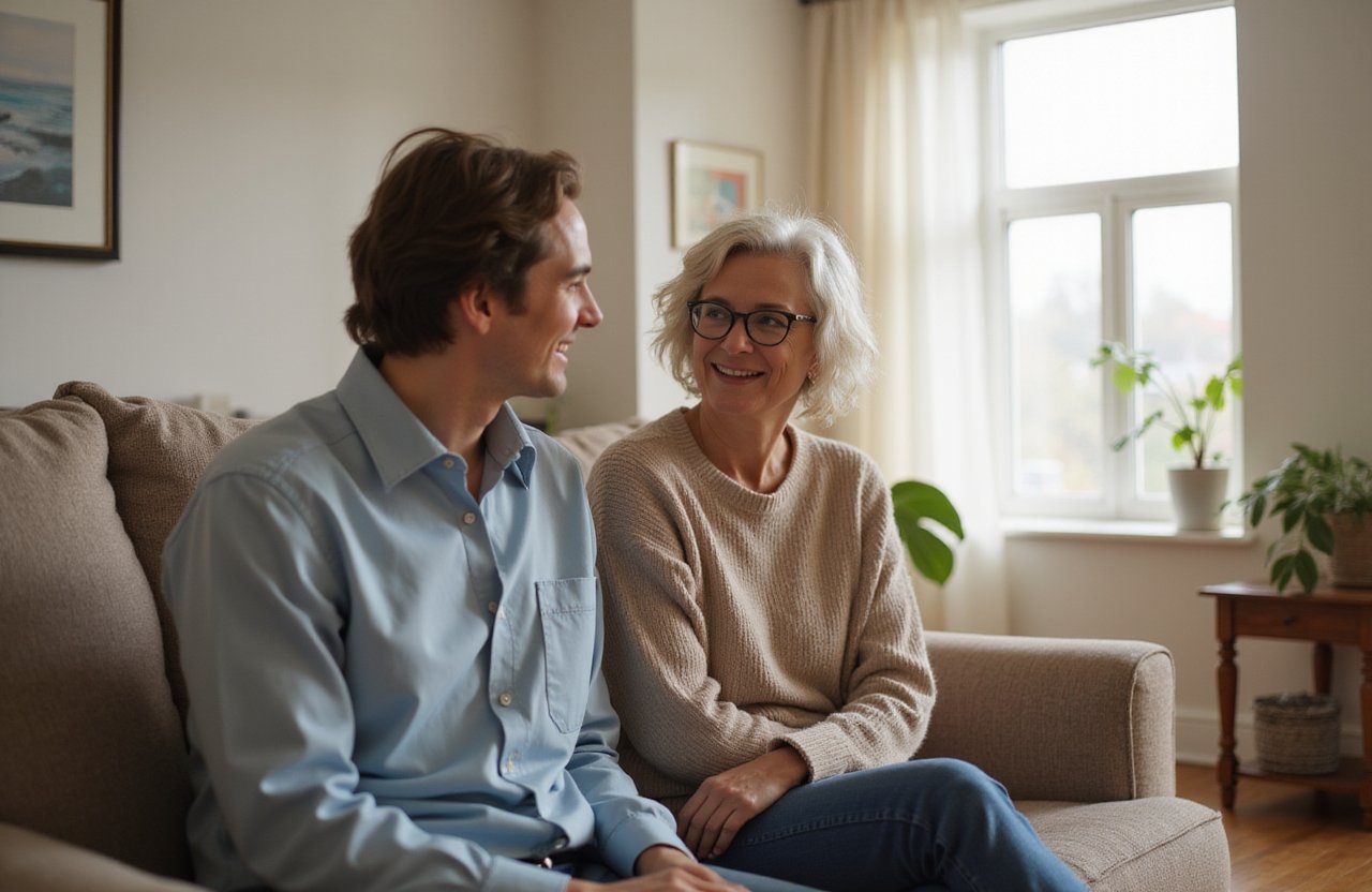 Two people sitting together in a warm residential inpatient setting with soft natural light and neutral tones.