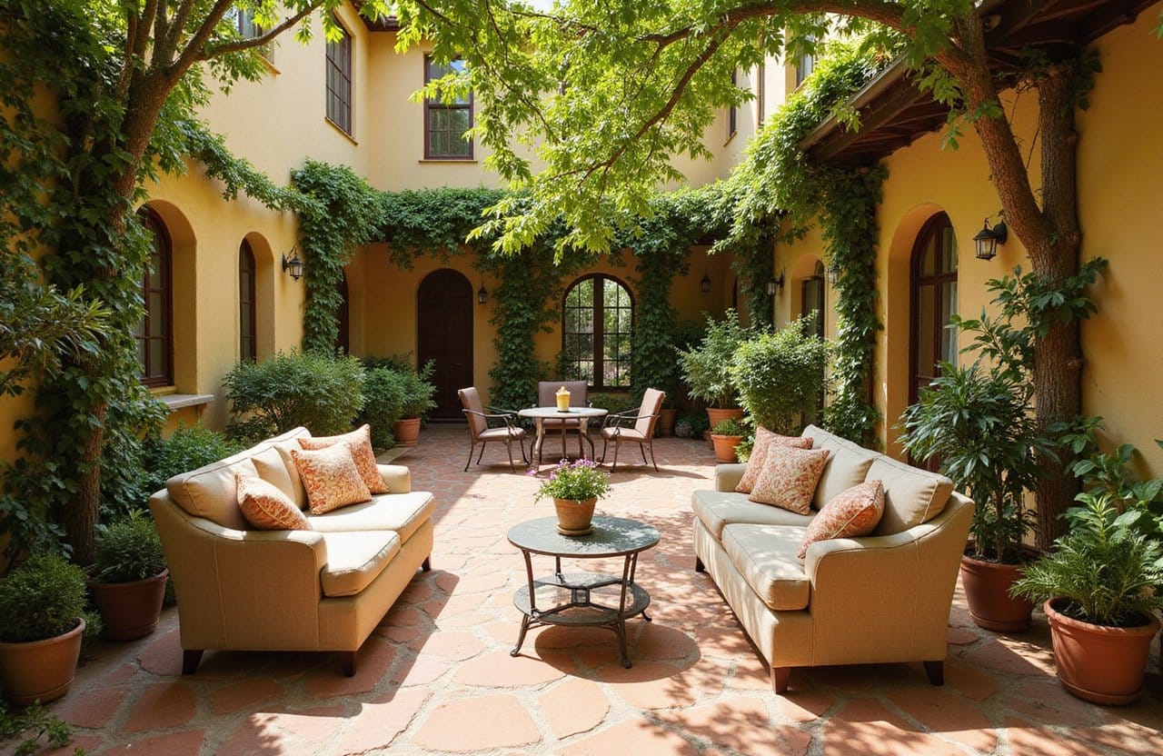 Mediterranean courtyard with stone paths, lush plants, and a relaxed reader seated comfortably outside for Luxury Depression Treatment in Hidden Hills