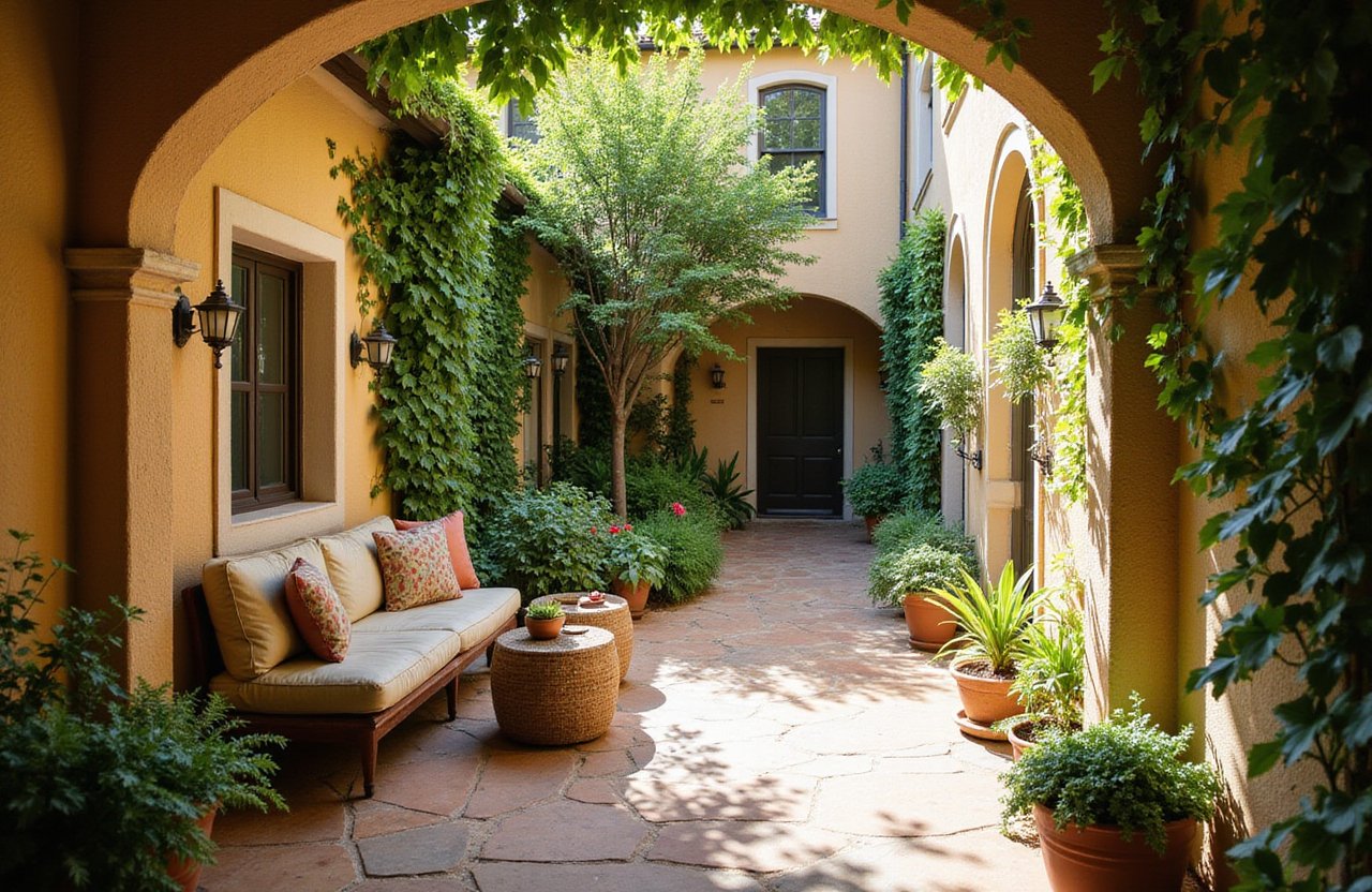 Cozy villa courtyard with greenery and stone paths, where a person reads in a comfortable outdoor seat.