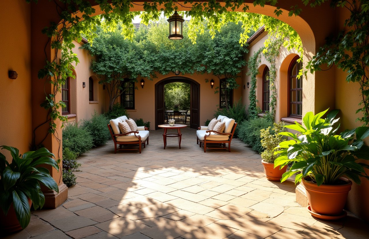 Serene Mediterranean courtyard with stone flooring and lush plants framing a seated reader.