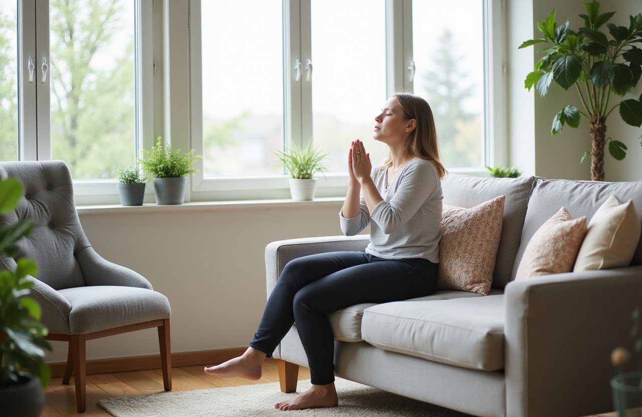 Woman relaxing in a relaxing room making a yoga kind of pose hands together like praying