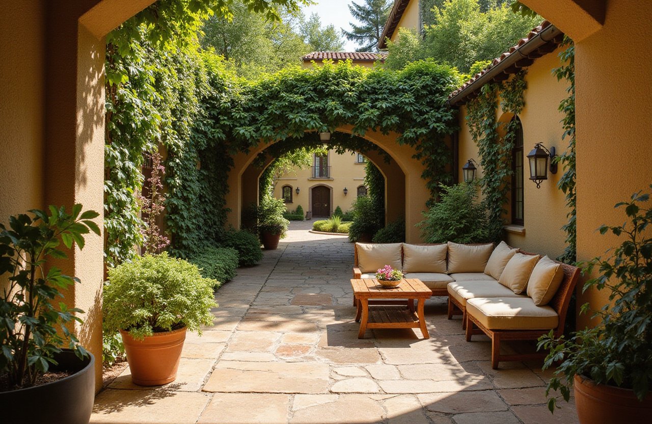 Calm villa courtyard with vibrant foliage and a relaxed figure reading on a cushioned outdoor chair.