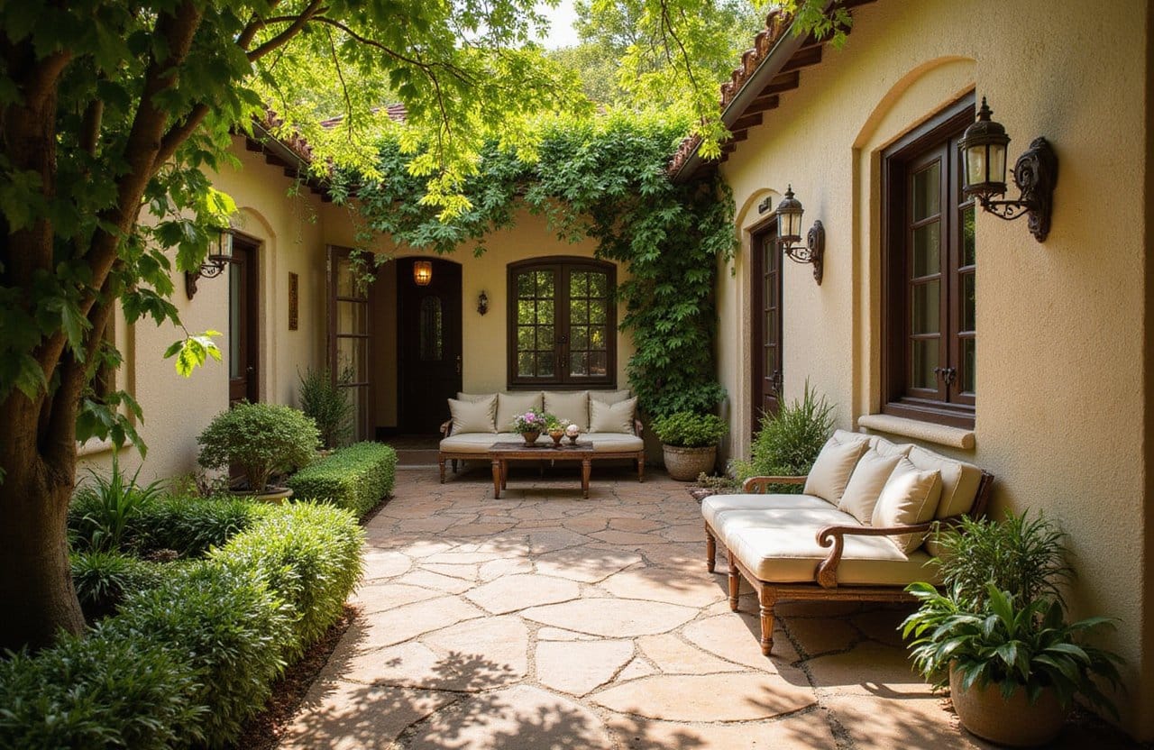 Stone-paved villa courtyard with vibrant greenery and a person reading in a cushioned outdoor seat.