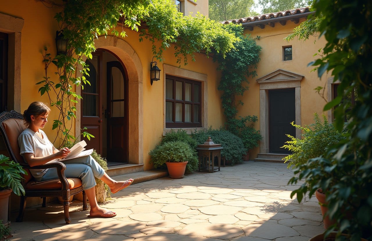 Calm Mediterranean courtyard with soft shadows, lush plants, and a single person seated comfortably with a book.