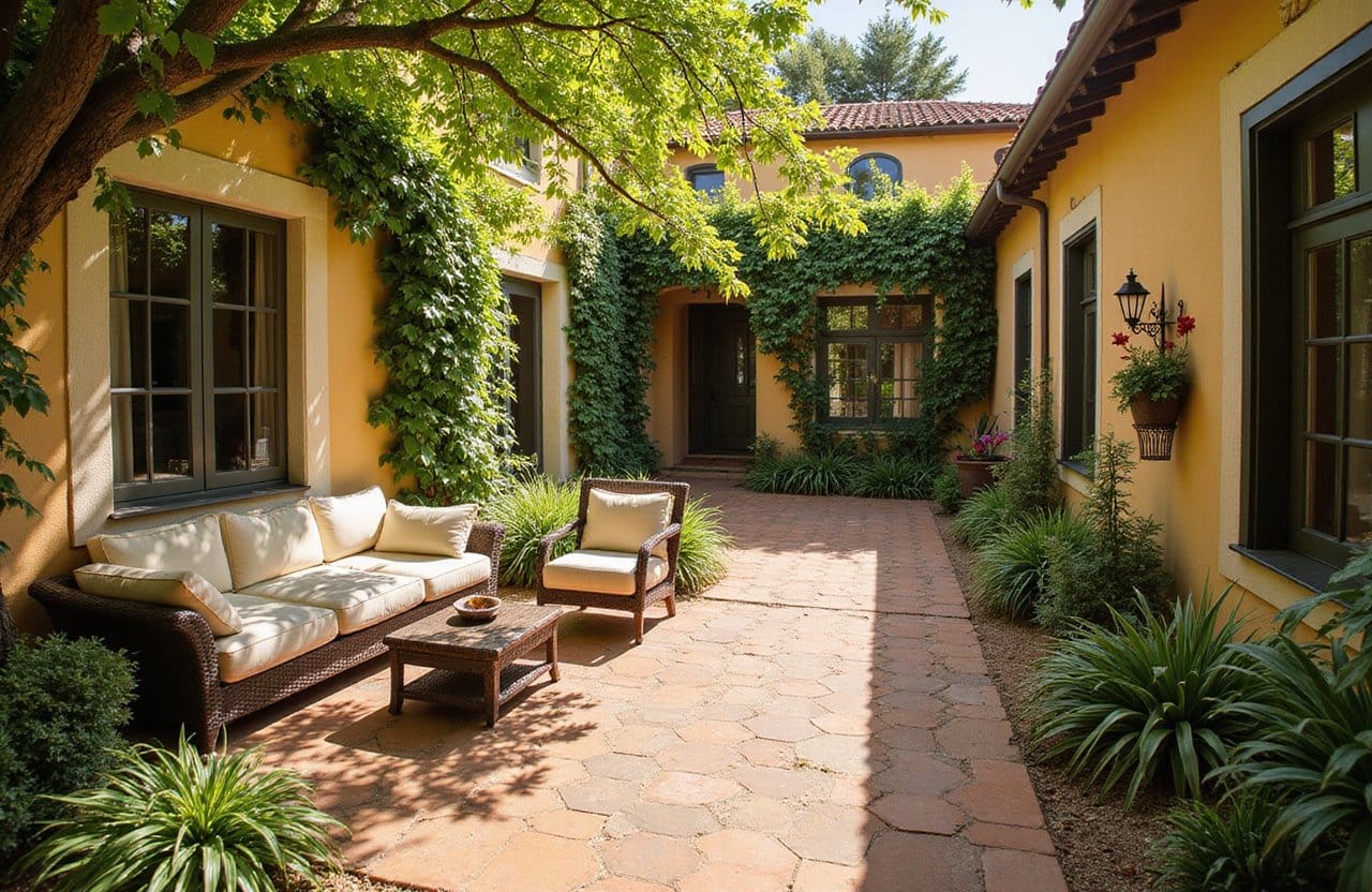 Stone-paved courtyard filled with vibrant vegetation and a relaxed person reading outside.