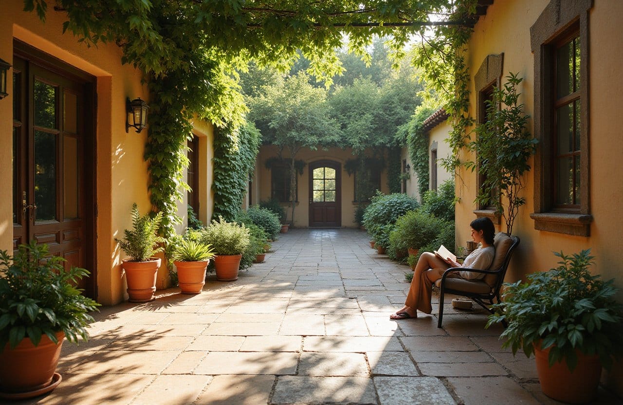 Stone-paved villa courtyard with vibrant greenery and a relaxed reader positioned in a cushioned outdoor seat.