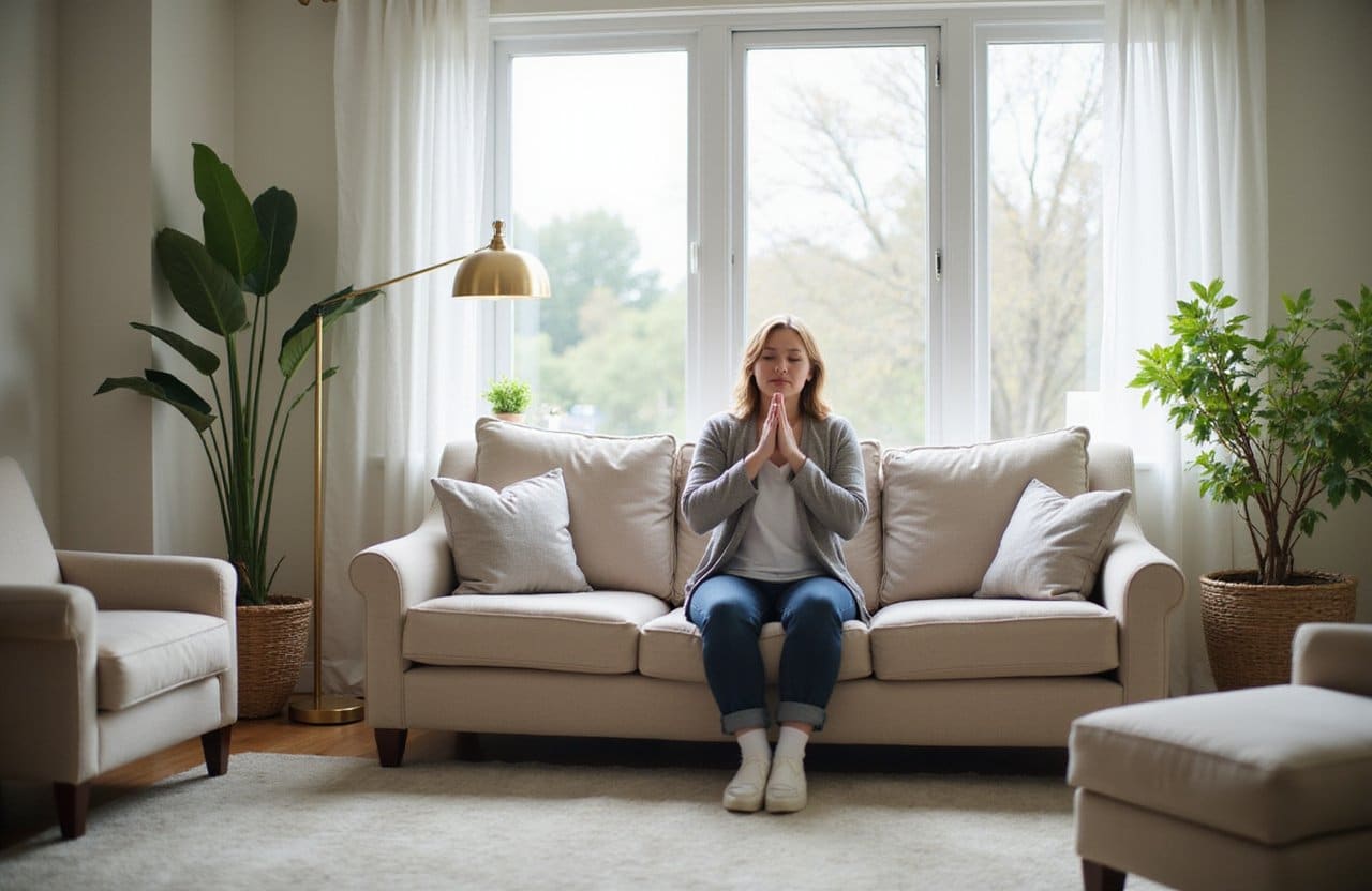 Inviting therapy room with large windows and cozy furniture, showing a person on a sofa taking a grounding breath, face not shown.