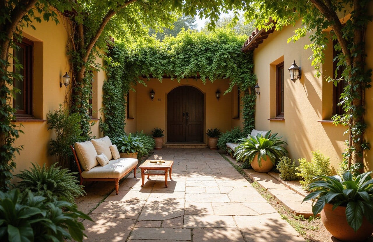 Peaceful villa courtyard featuring greenery and stone paving as a person reads in a cushioned chair for Luxury Depression Treatment