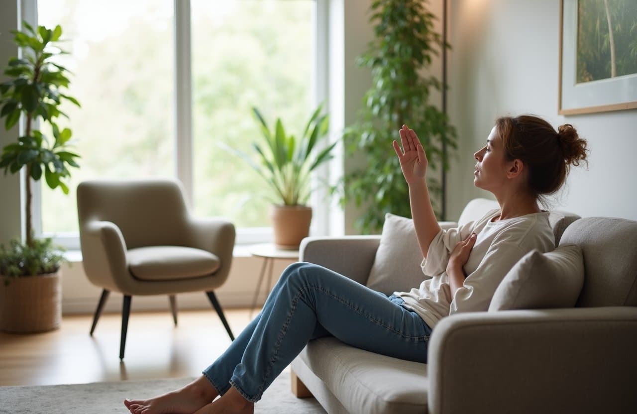 Inviting therapy room with large windows and cozy furniture, showing a person on a sofa taking a grounding breath, face not shown.