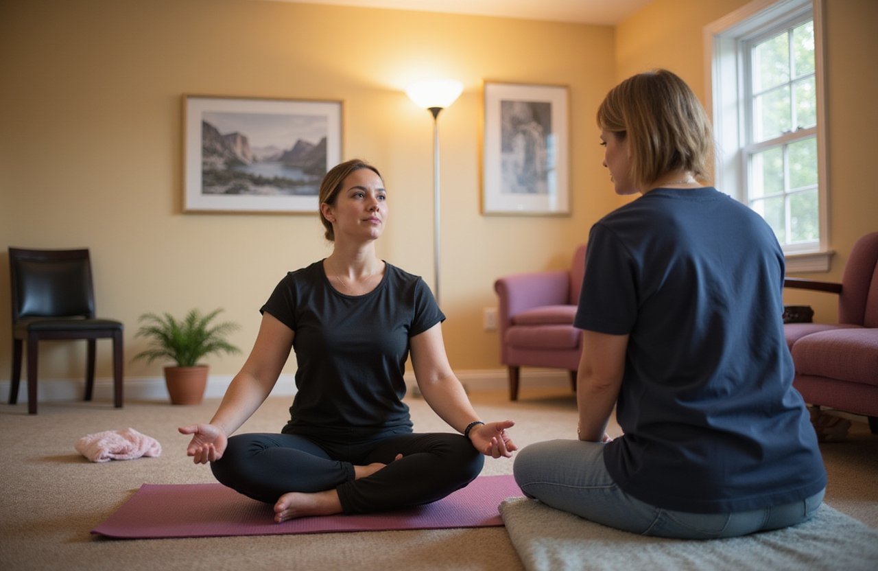 Therapist helping a girl do anxiety exercise to calm down