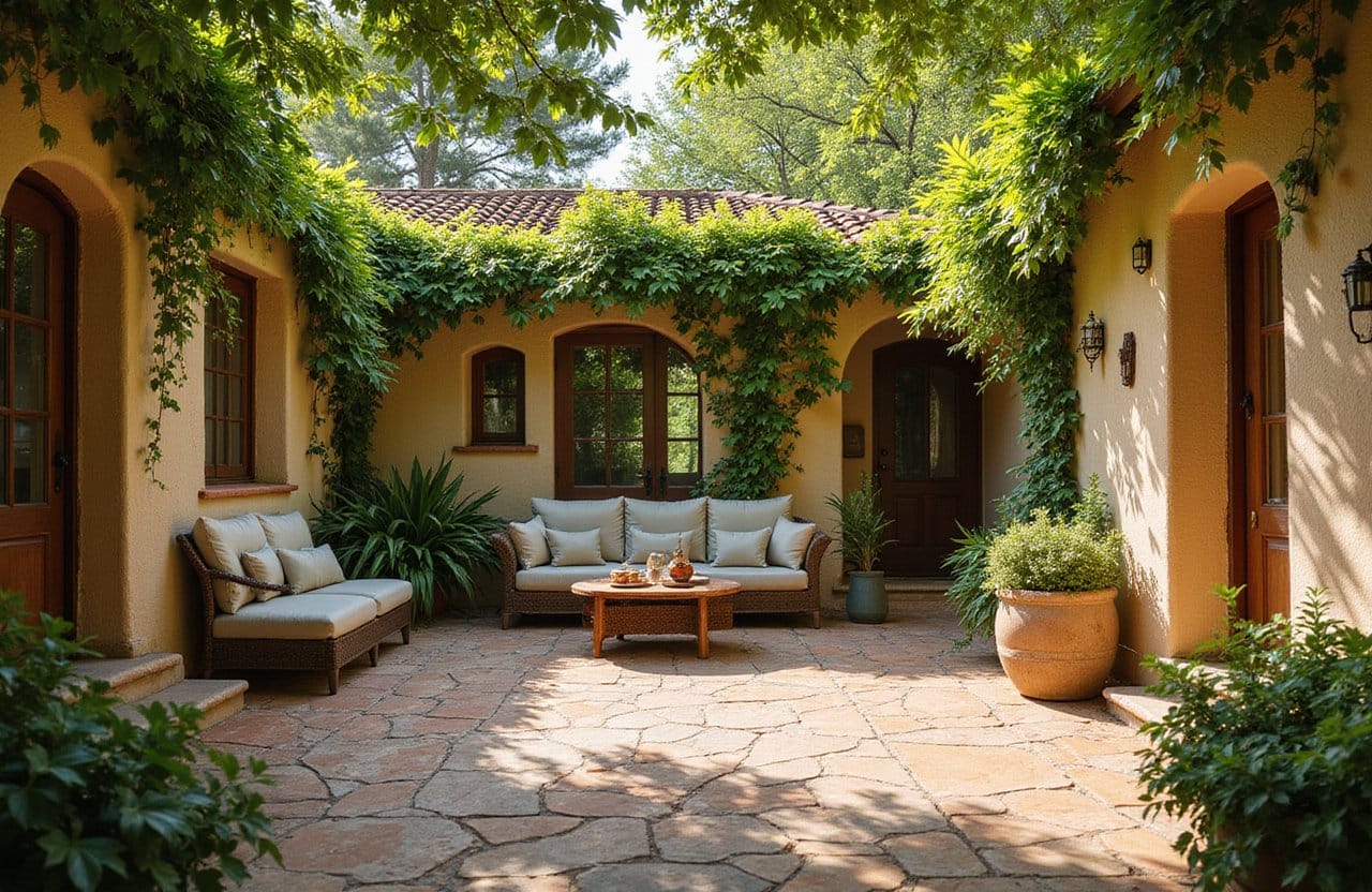 Stone-paved villa courtyard surrounded by lush greenery with a person relaxing and reading on a cushioned outdoor chair.