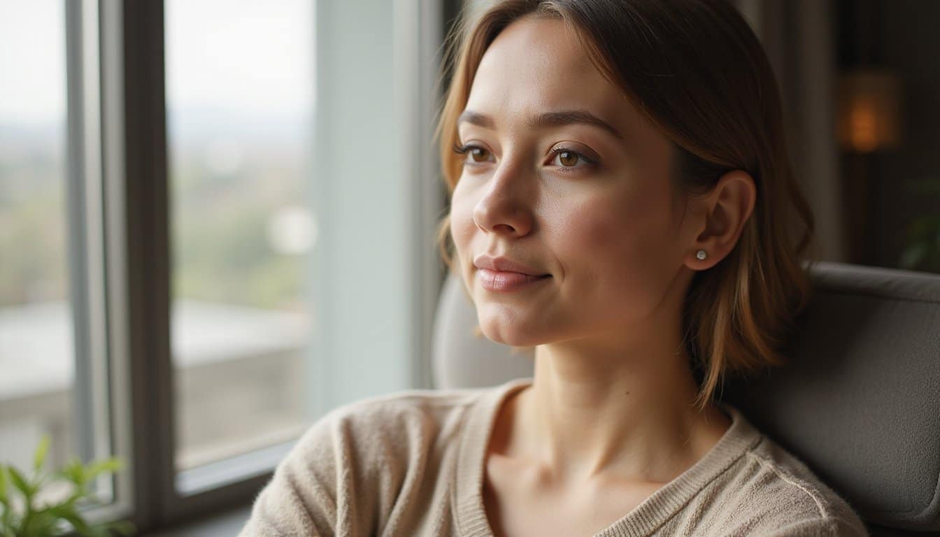 Close-up portrait of a person in a peaceful indoor recovery setting