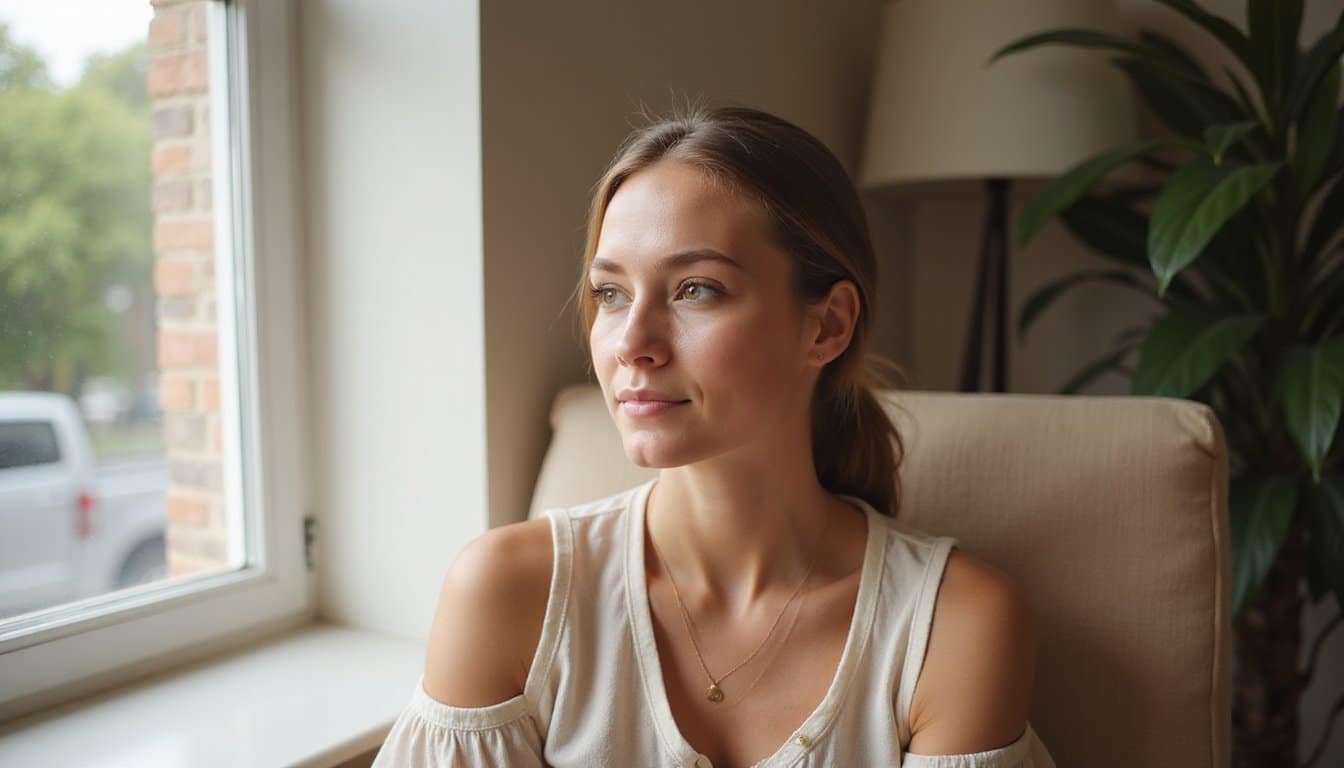 Person sitting near a window with a relaxed expression in a serene treatment environment