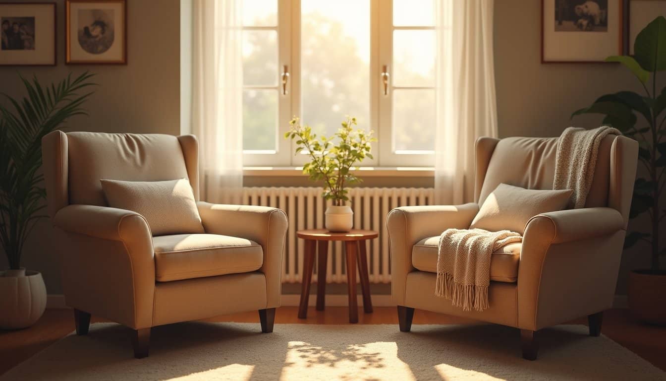 Cozy residential therapy room with two armchairs angled toward each other, warm sunlight, soft pillows and knit throw