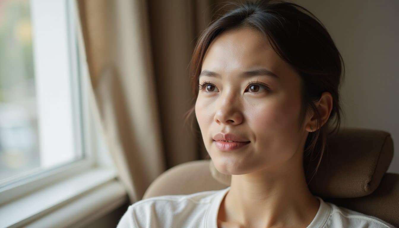 Person sitting comfortably near a window, warm light highlighting a peaceful moment