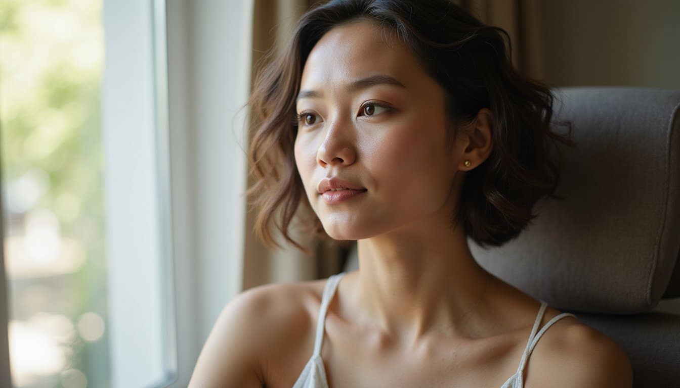 Close-up portrait conveying calm and safety in a supportive residential setting