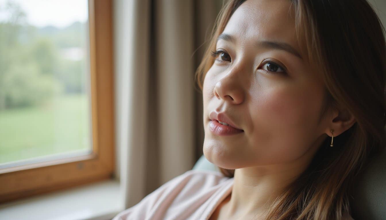 Calm individual seated indoors with sunlight on their face in a residential recovery setting