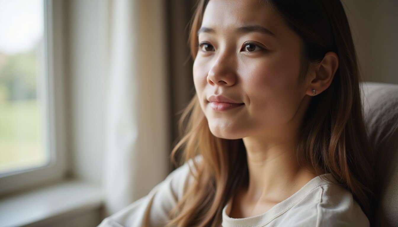 Person in soft window light inside a residential recovery environment