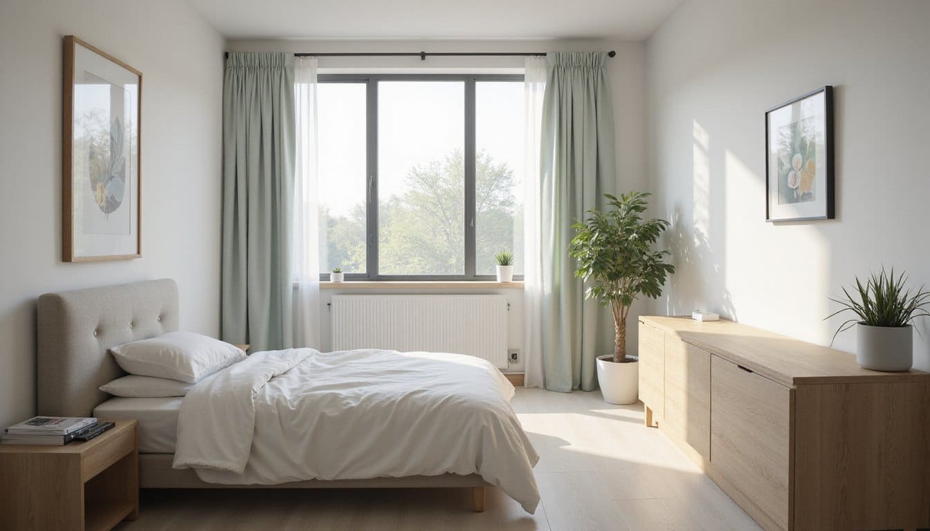 Serene residential inpatient mental health facility bedroom with soft natural light, neutral calming colors, a comfortable bed, minimalist decor, and a peaceful wellness center environment, no people present.
