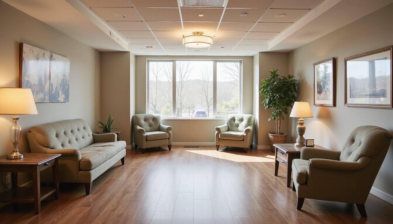 Warm, inviting inpatient mental health residential lounge with comfortable seating, soft ambient lighting, neutral color palette, and a calm wellness center atmosphere, no people present.