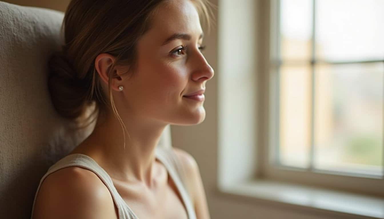 Close-up of a calm individual in a residential wellness environment with natural light