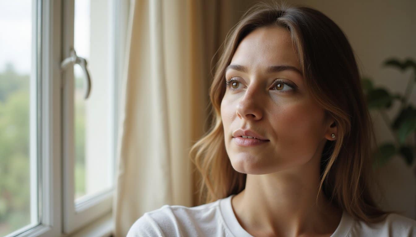 Individual seated indoors near a window, softly lit, expressing a sense of calm and grounding