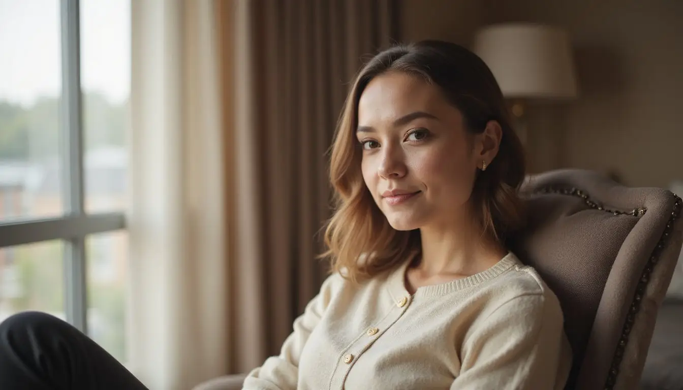 Close-up of a person in warm natural light, seated comfortably in a residential wellness space