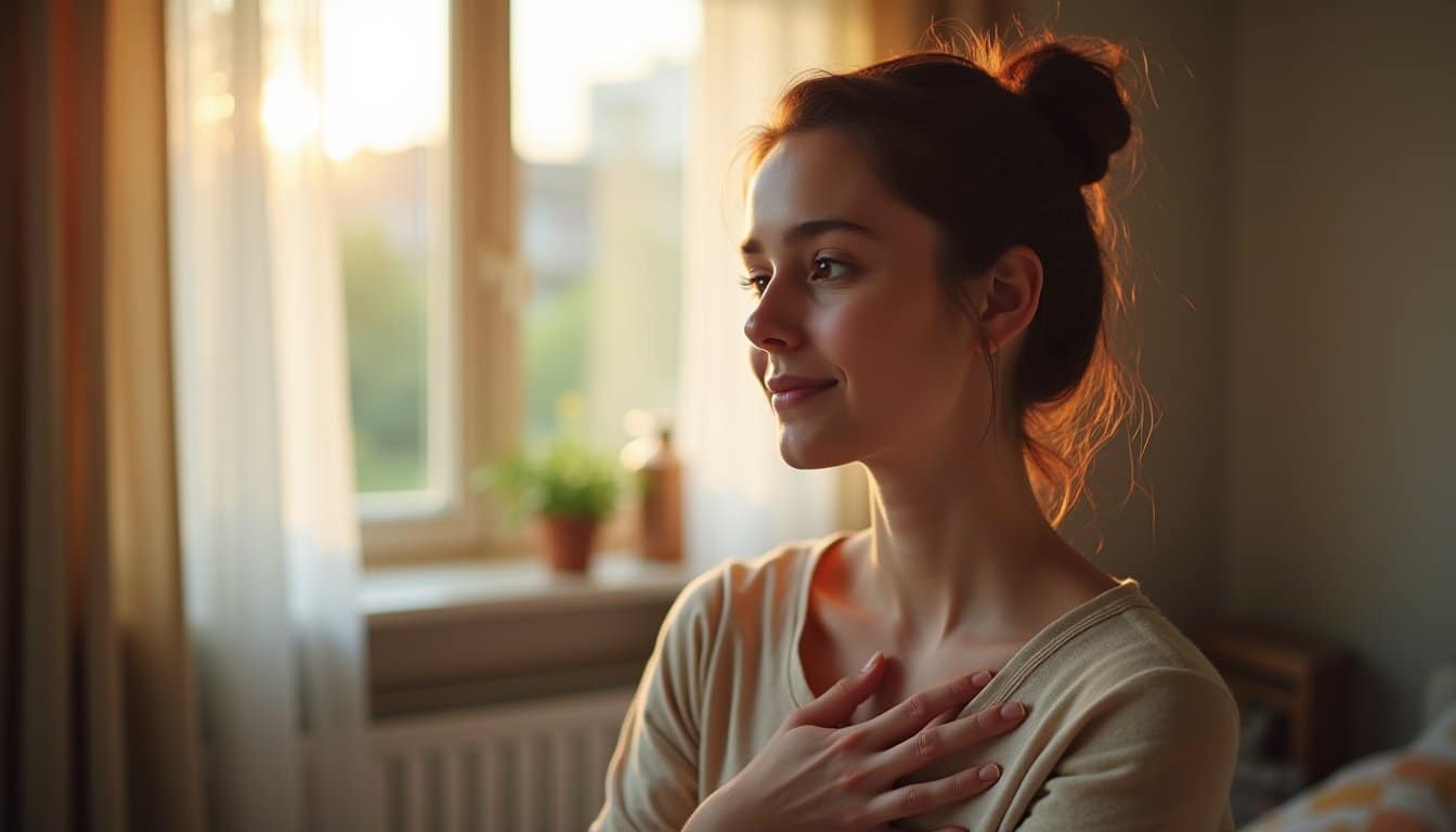 Close-up portrait of a calm young adult taking a slow breath with hand over heart in a softly sunlit residential living room