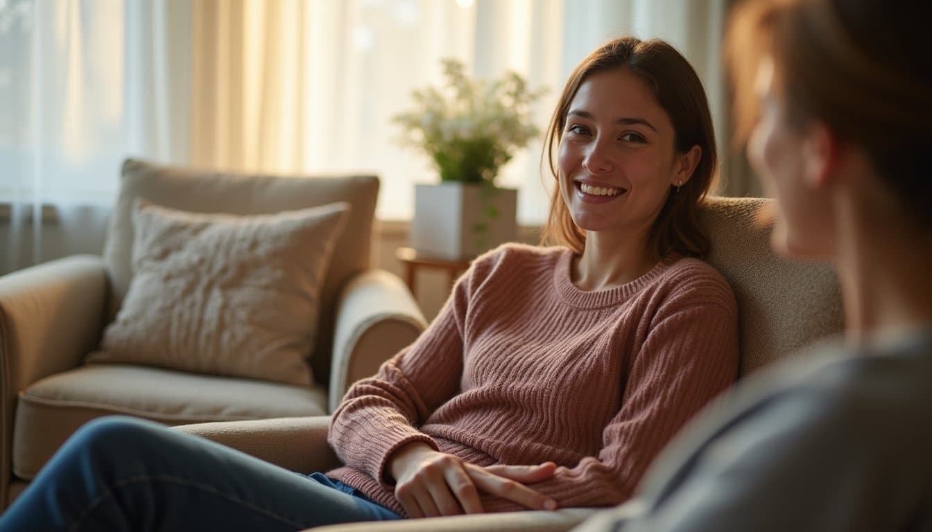 Young adult sitting in a calm residential therapy room with natural colors