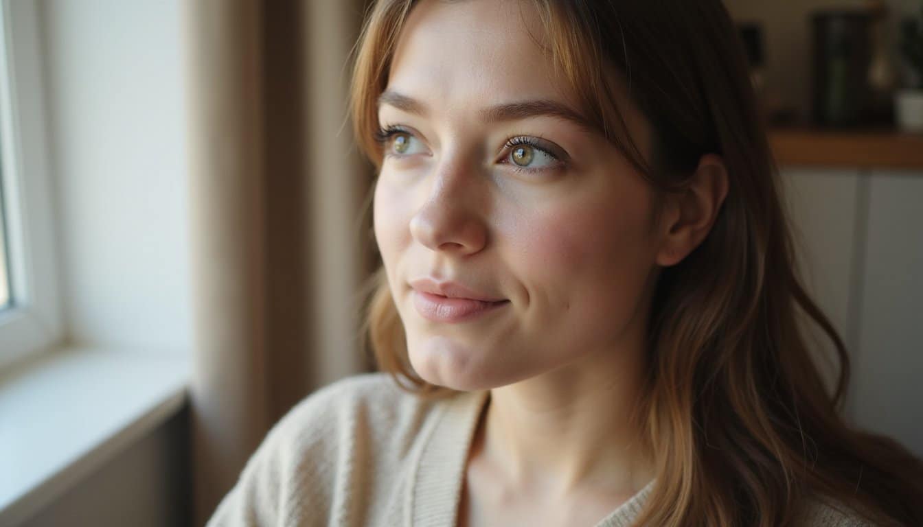 Person seated near a window in soft natural light, calm and reflective expression in a residential treatment setting