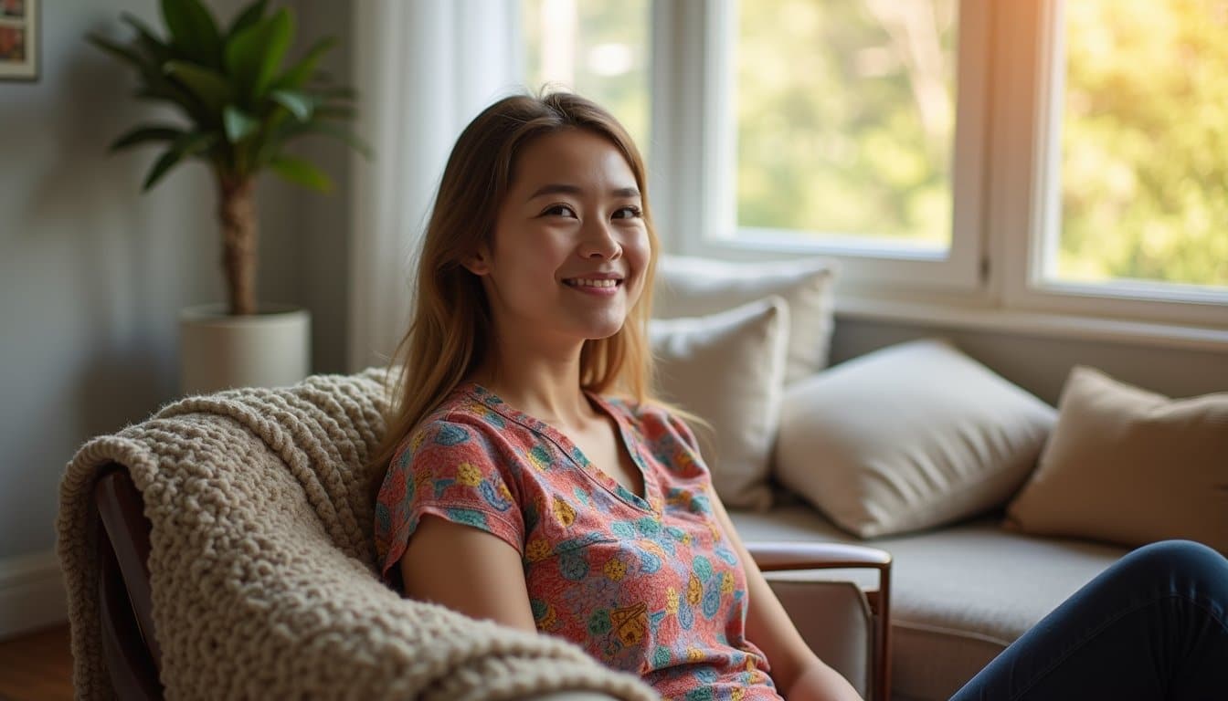 Warm individual therapy space with a young adult sitting comfortably in an armchair