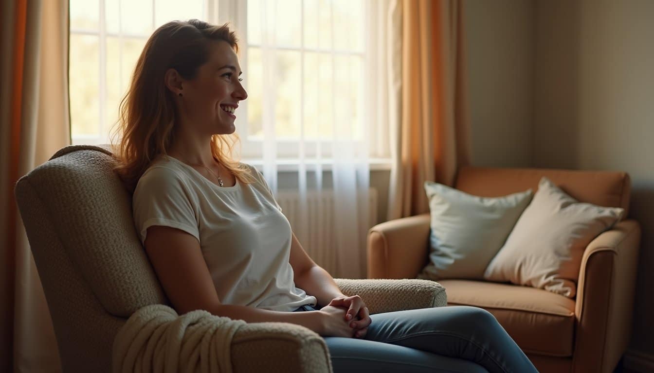 Young adult seated in an armchair in a warmly lit therapy setting