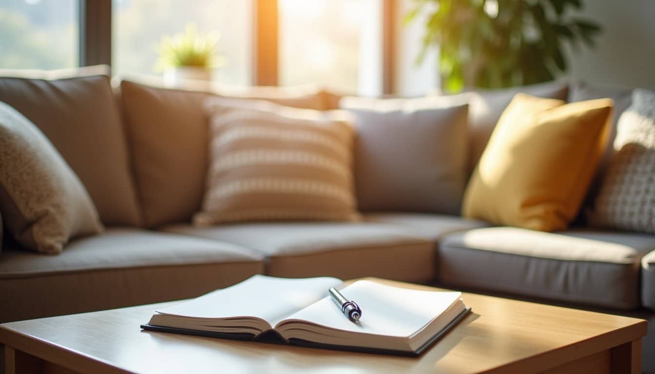 Sunlit common room in a residential treatment facility with a comfortable couch and a notebook with pen resting on the coffee table.