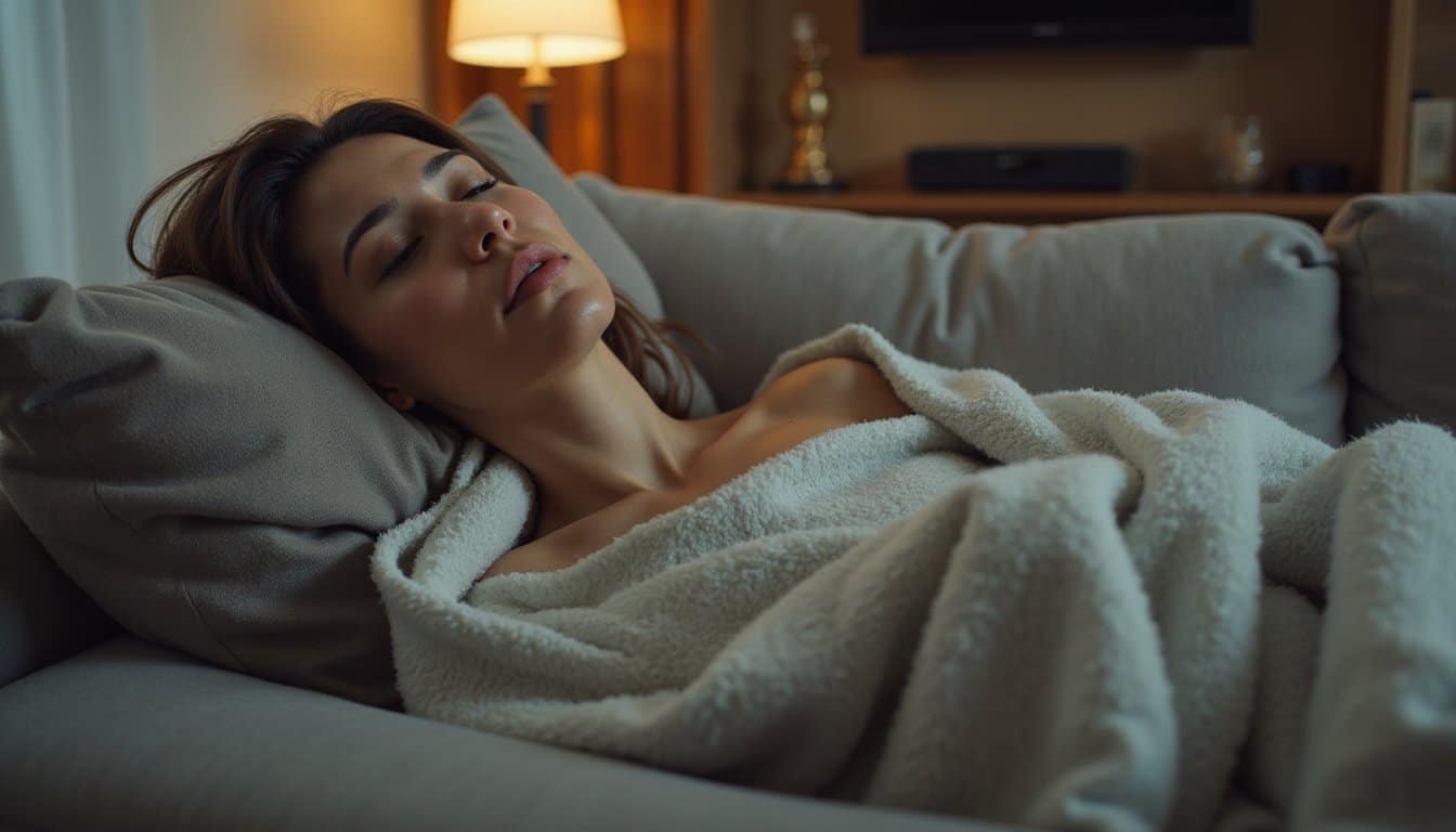 Female resident sleeping comfortably on a lounge couch at a treatment center, covered in a cozy blanket.