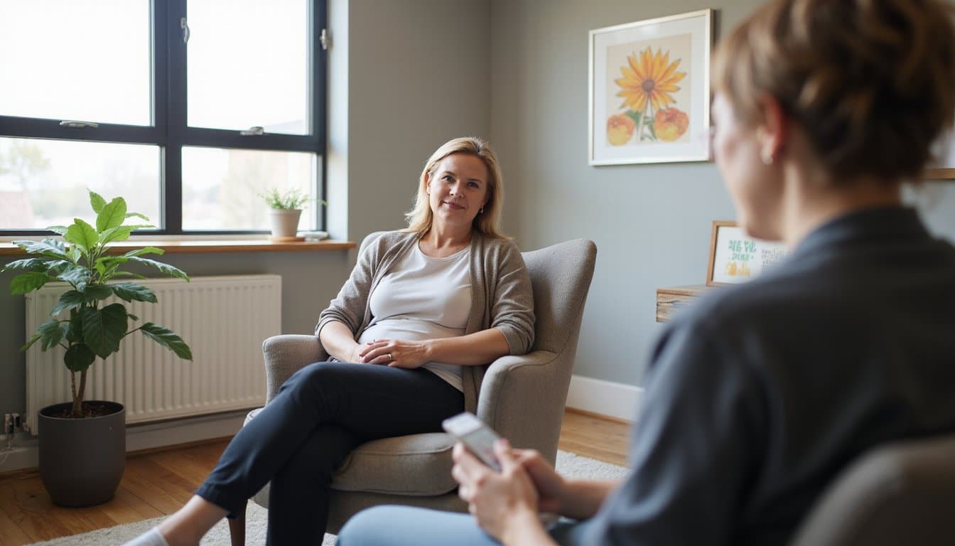 Person sitting on a sofa during a counseling conversation in a bright therapy room.