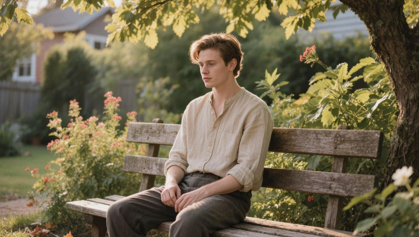 Thoughtful person seated peacefully in a leafy residential treatment garden with warm sunlight.
