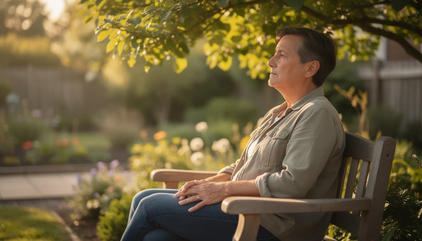 Calm outdoor moment on a wooden bench in a residential recovery garden with natural greenery.