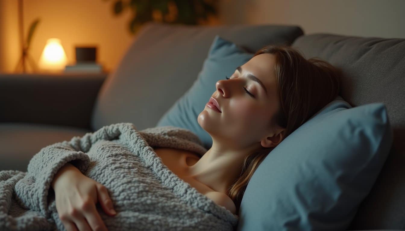 Woman resting on a couch inside a residential inpatient facility, wrapped in a warm blanket in a calm, softly lit room.