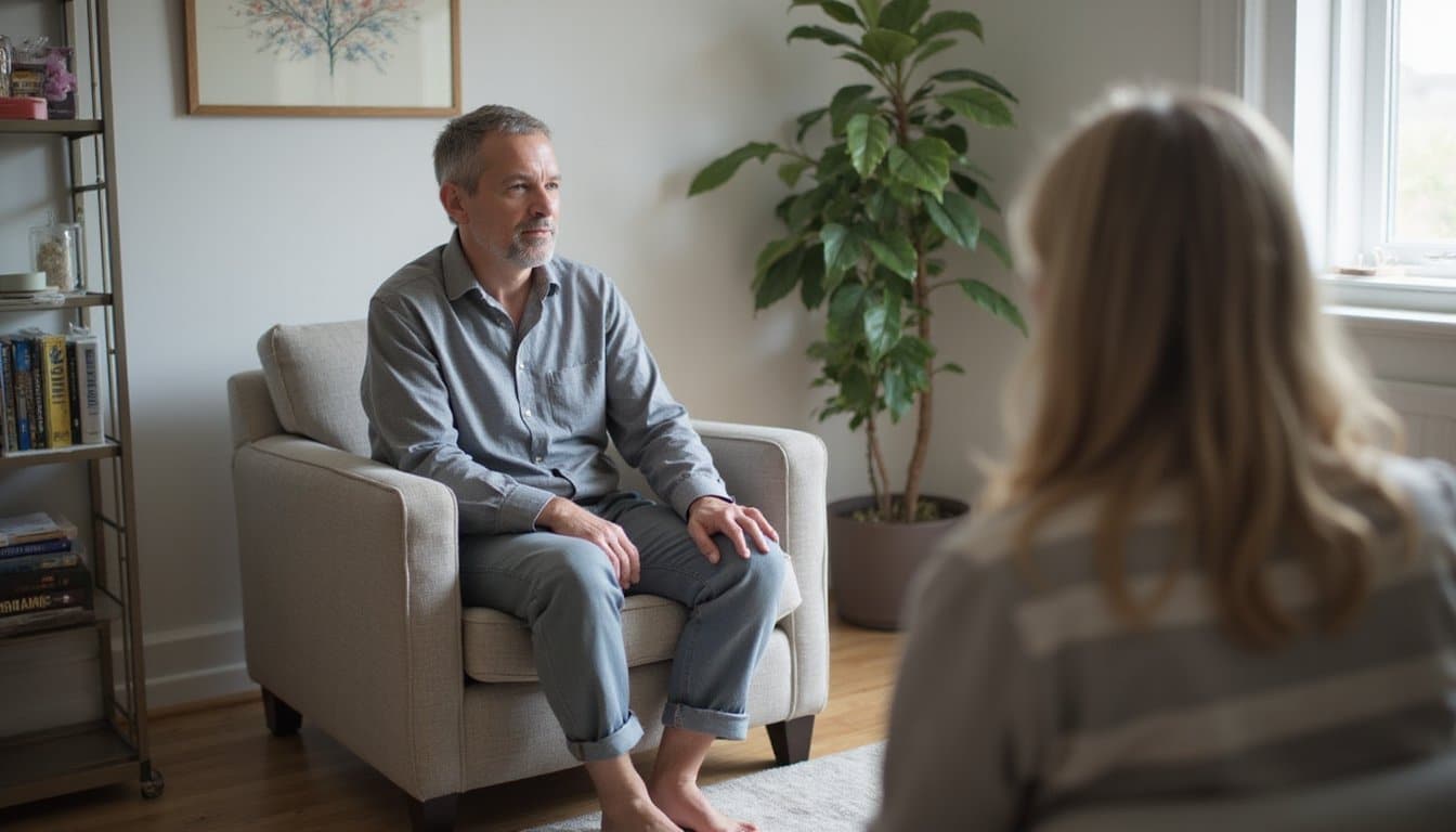 Person speaking with a therapist during a counseling session in a comfortable residential therapy room