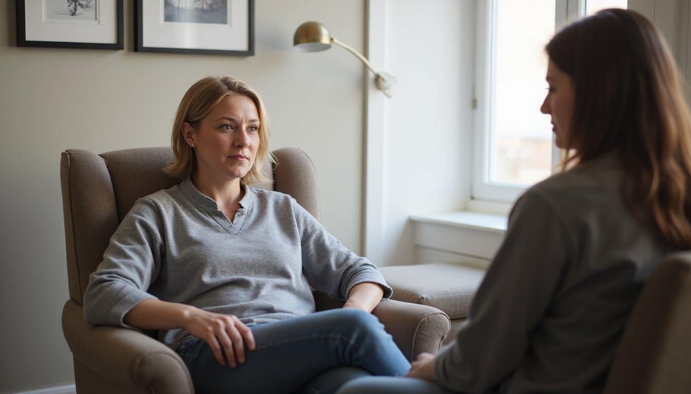 Person engaged in a thoughtful conversation during a professional counseling session.