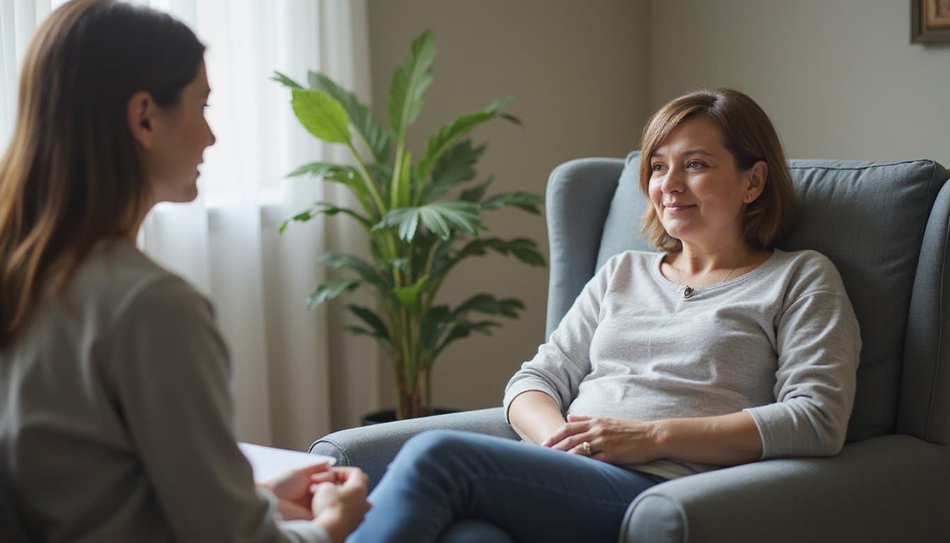 Calm therapy session taking place in a softly lit residential counseling environment.