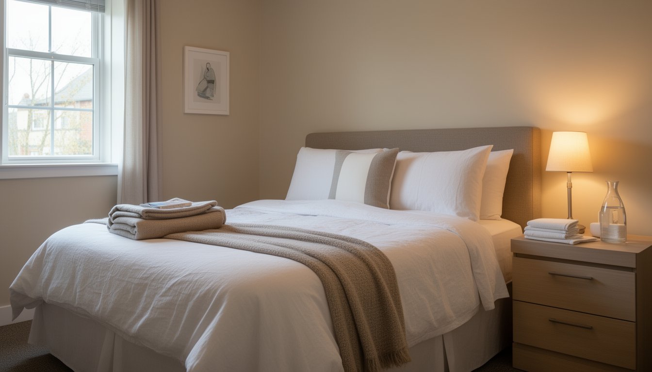 A bedroom inside an inpatient facility with calm lights almost nighttime