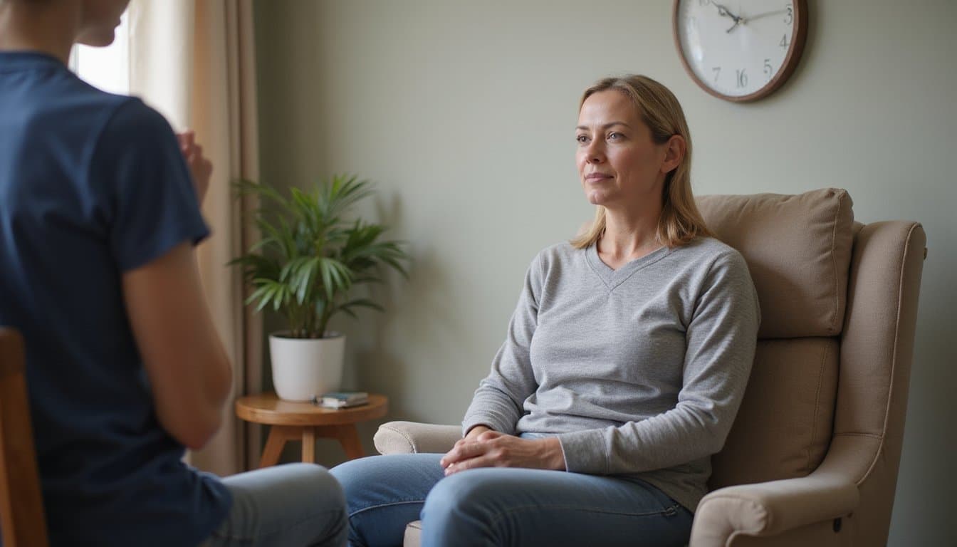 Person receiving support during a one-on-one therapy session in a cozy residential setting.