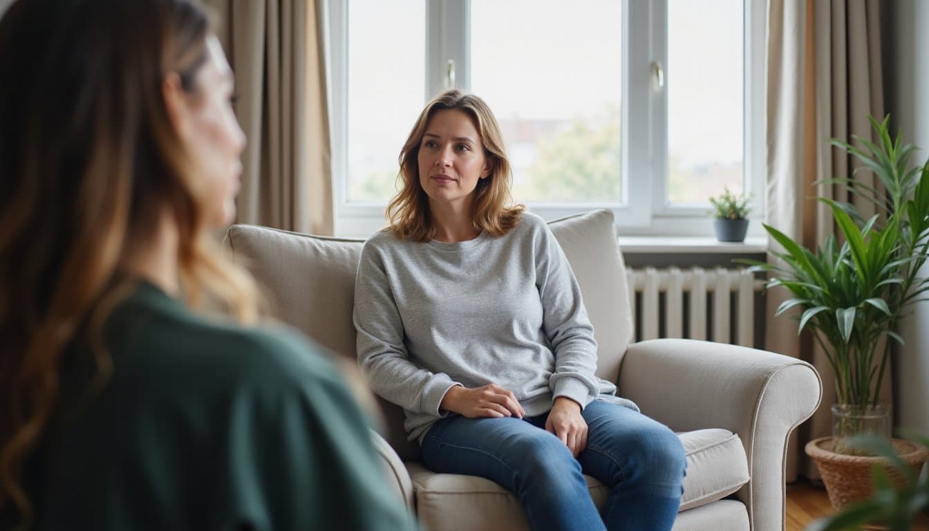 Person sitting on a couch during a mental health counseling session with a therapist.