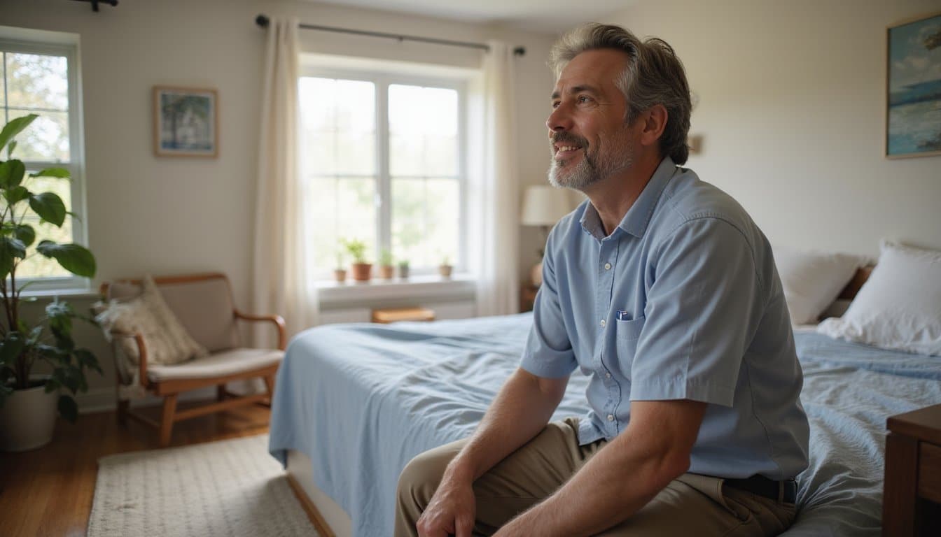 Person sitting on the edge of a bed inside a residential inpatient facility, looking thoughtful and hopeful in soft natural light.