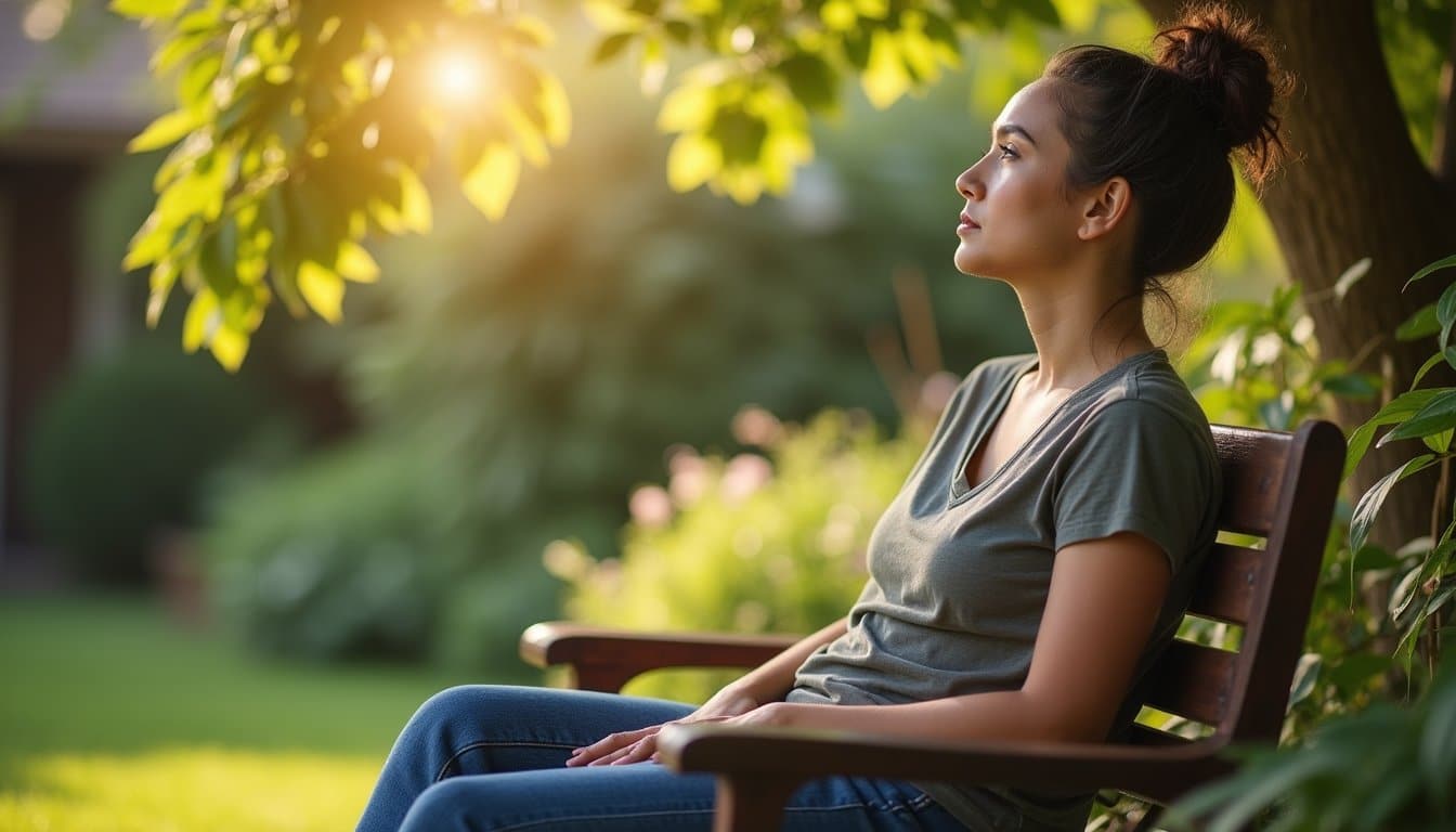 Person sitting peacefully on a wooden bench in a residential recovery garden with sunlight filtering through the trees.