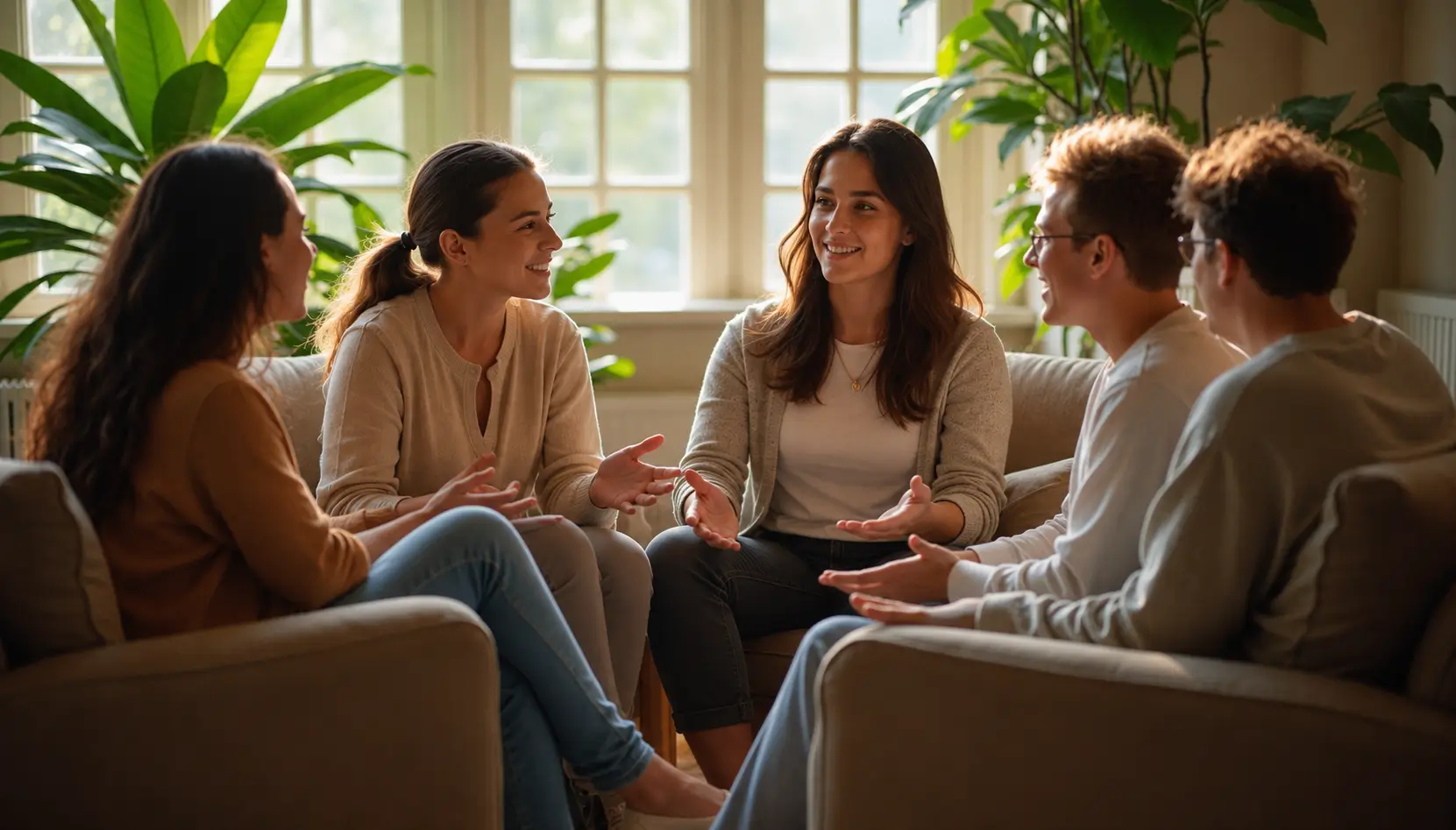 Five young adults sit in a circle in a bright, cozy living room, engaged in a supportive group discussion. They smile and gesture naturally while talking, surrounded by large leafy houseplants and warm sunlight streaming through tall windows, creating a welcoming and relaxed atmosphere.