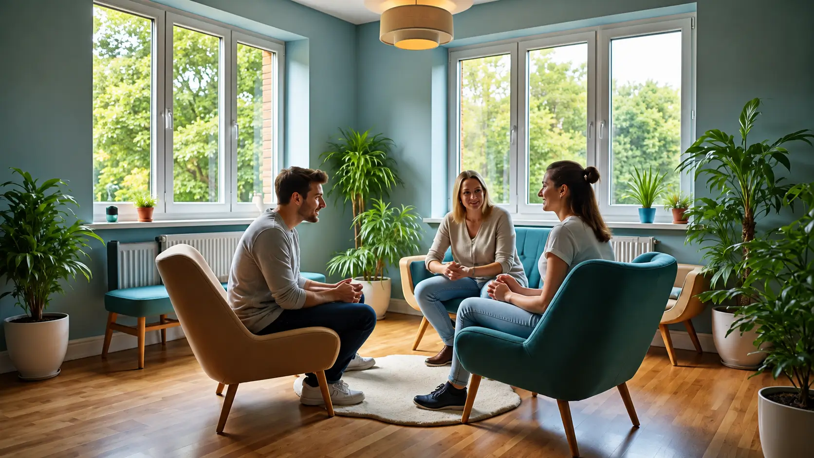 Three adults sit facing one another in comfortable armchairs during a counseling or support group session in a bright, modern room. Large windows fill the space with natural light, while teal walls, wooden floors, and lush indoor plants create a calm, welcoming environment.