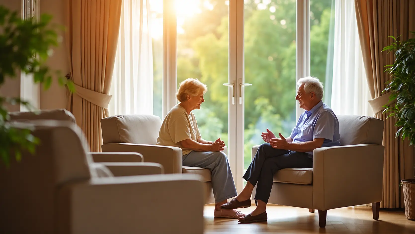 Two older adults sit facing each other in comfortable armchairs during a counseling or therapy session in a bright, peaceful room. Warm sunlight streams through large windows behind them as they engage in a calm conversation with relaxed, natural hand gestures, surrounded by soft furnishings and indoor plants.